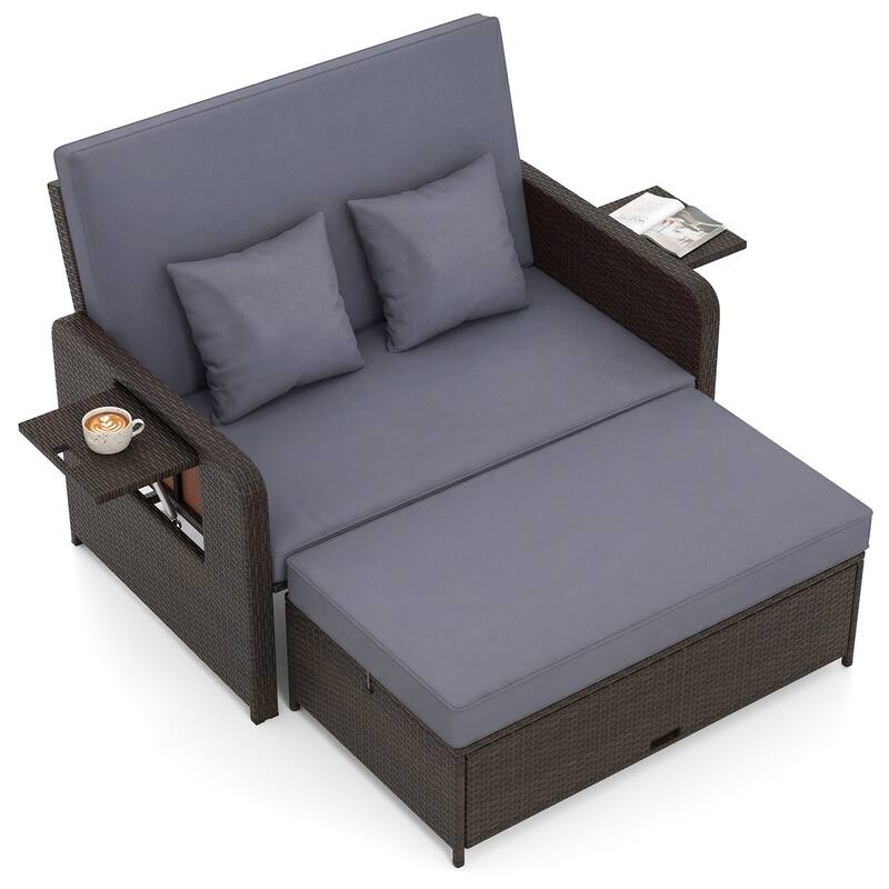 Gymax Rattan Loveseat Set Daybed Lounge w/ Storage Ottoman Side Tables - Grey