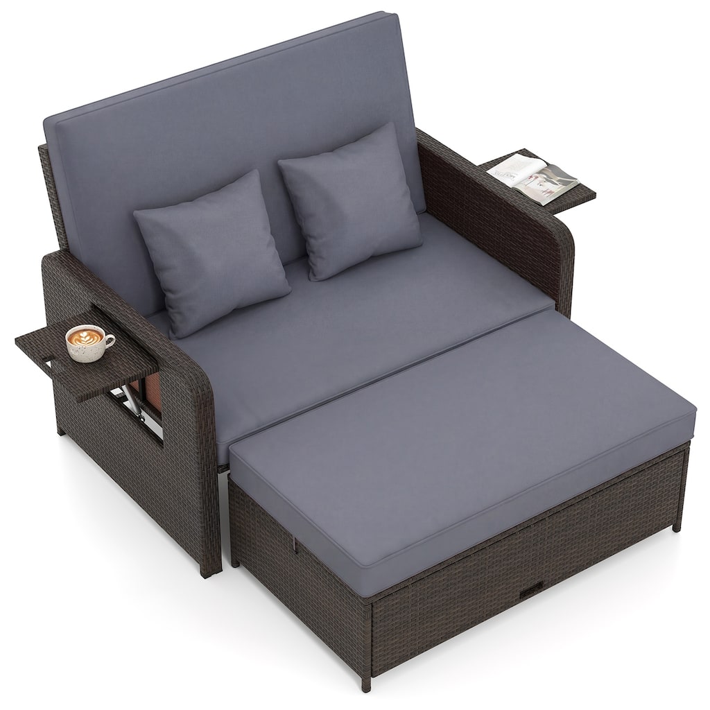 Gymax Rattan Loveseat Set Daybed Lounge w/ Storage Ottoman Side Tables