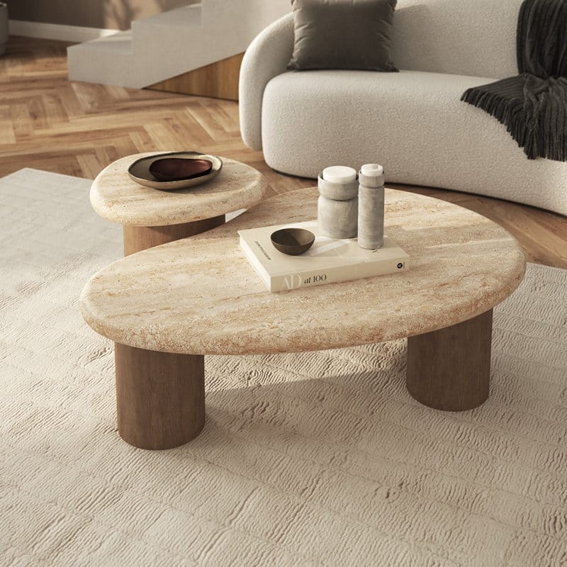 Studio London Coffee Table with Travertine Effect Concrete Top and Faux Wood Leg - Light travertine - Concrete