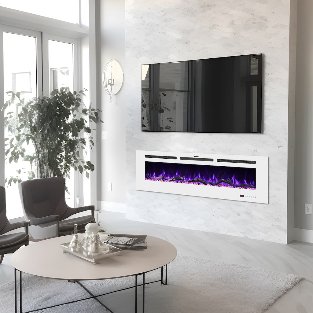48 in. Electric Fireplace Inserts, Wall Mounted with 13 Flame Colors, Thermostat in White