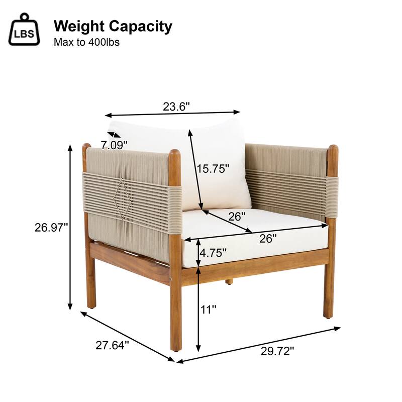 Christopher Knight Home - Outdoor Patio 29.72" Acacia Wood Club Chair with Handwoven Rope Panels and Cushions