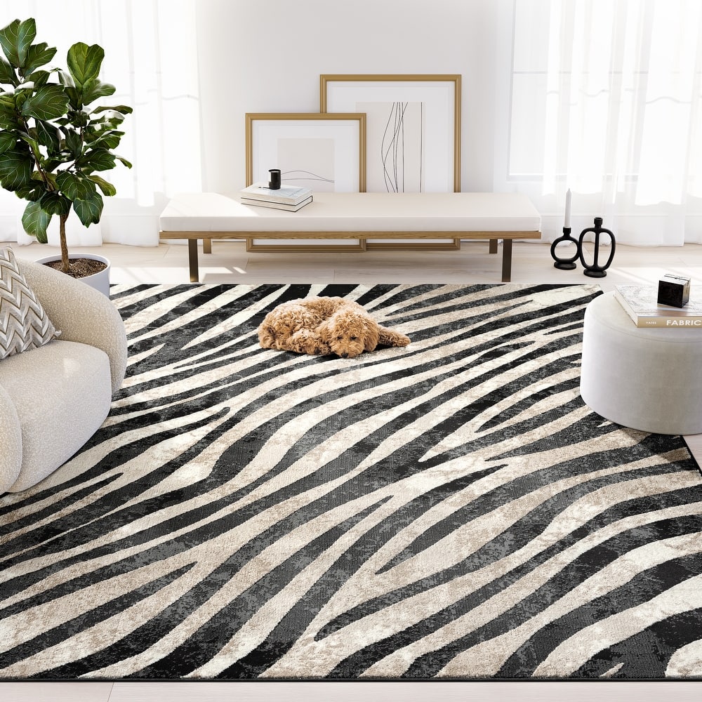 Abani Rugs TER160A Beige Black Diagonal Zebra Pattern Area Rug