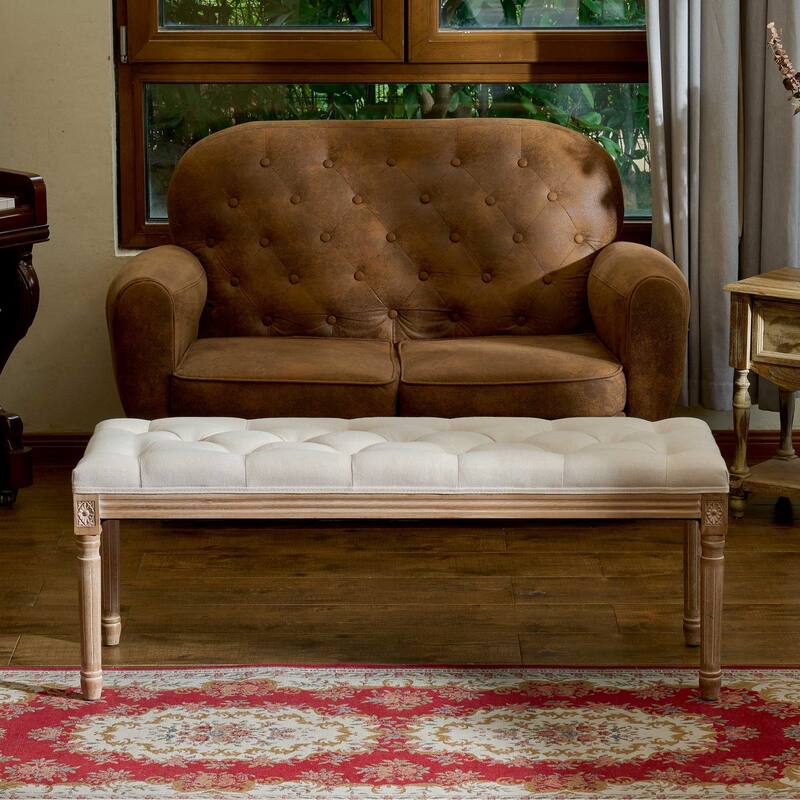 CO-Z Extra Long French Vintage Upholstered Bench w Carved Wood Frame