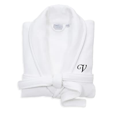 Authentic Hotel and Spa White Unisex Turkish Cotton Waffle Weave Terry Bath Robe with Black Script Monogram