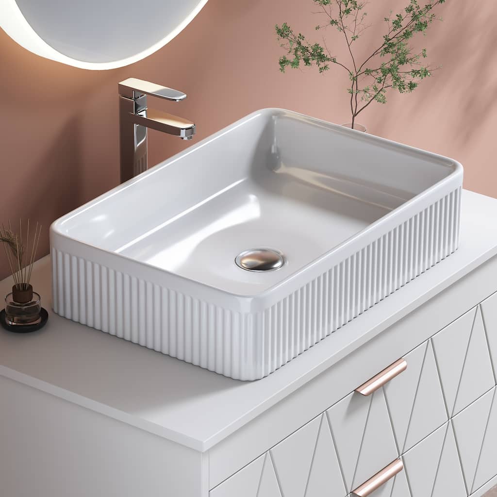 GDFStudio - Modern 20.1" Rectangular Ceramic Bathroom Vessel Sink with Drain Assembly