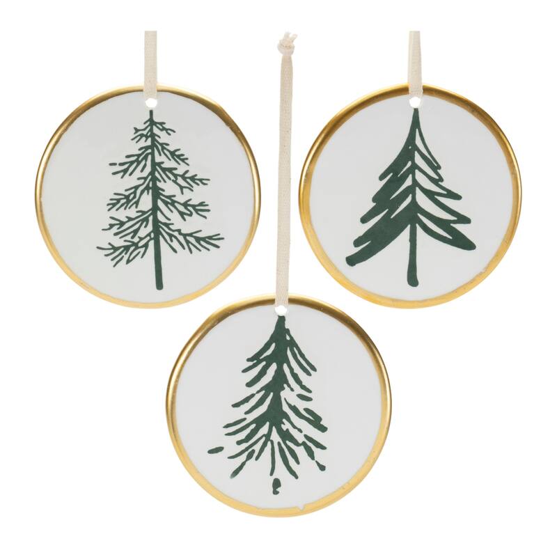 Ceramic Pine Tree Christmas Disc Ornaments - 3.5" - 12ct