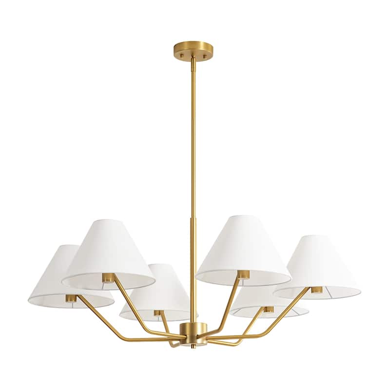 6-Light Mid-Century Modern Brass Chandelier with White Fabric Shades - Gold Finish Ceiling Light Fixture for Living Room