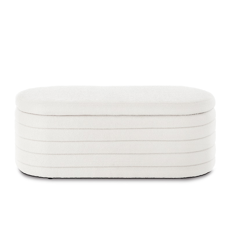 Modern Oval Storage Ottoman Bench,Upholstered Boucle Teddy Fabric End of Bed Bench with Storage,End of Bed Stool