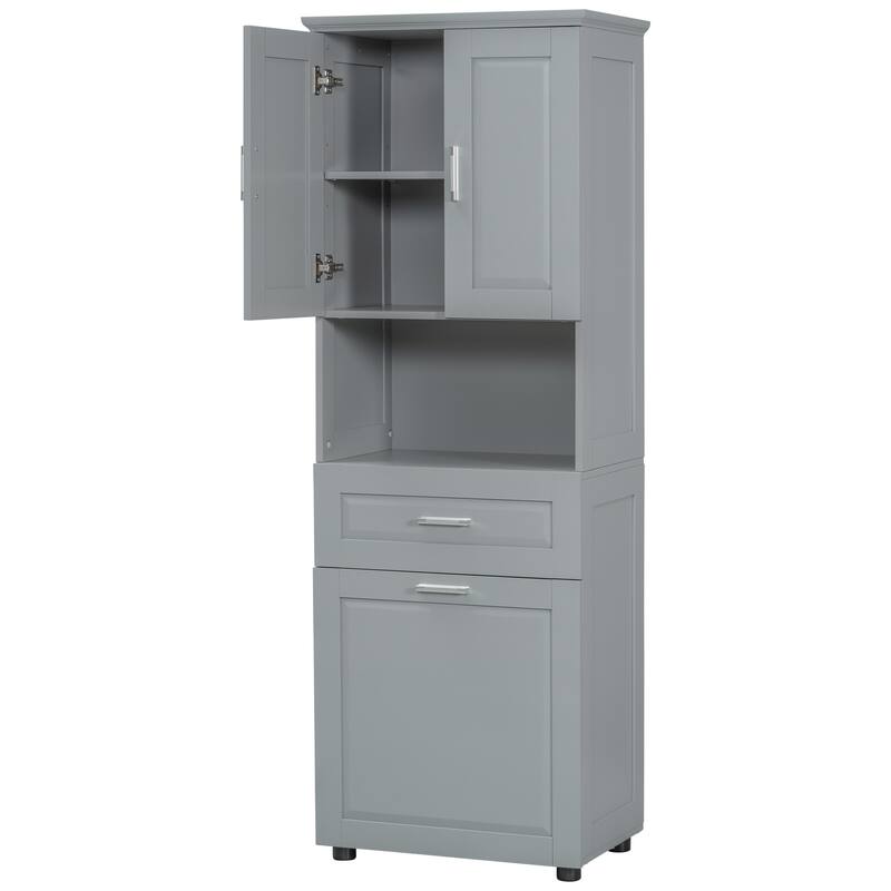 Tall Bathroom Linen Tower with Cabinet, Drawer and Hamper