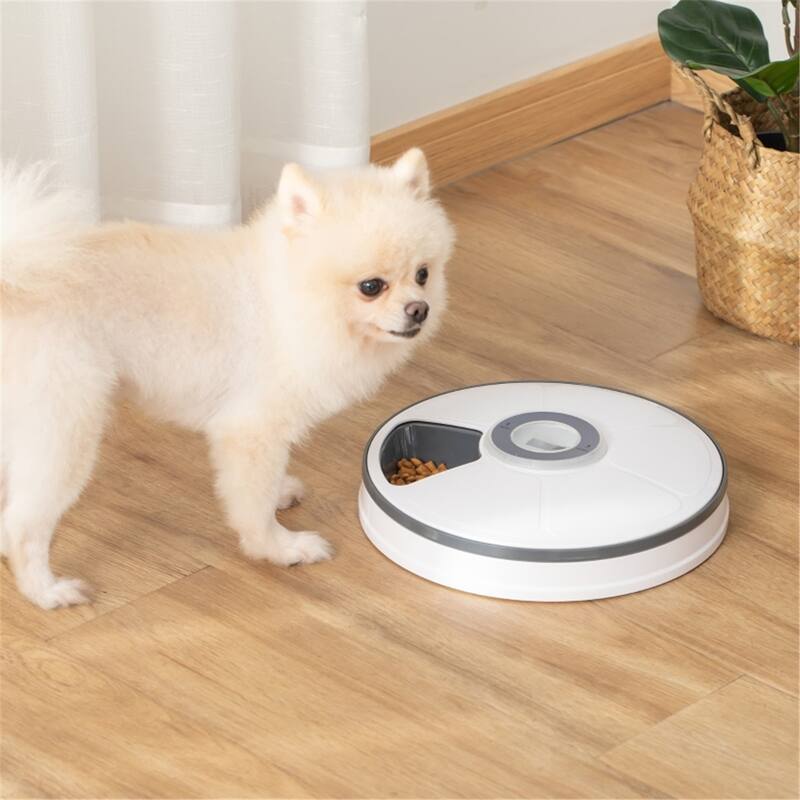 Cat Food Feeder Bowl with 6 Food Dispenser Trays and LED Display - 12" Dia x 2.75" H - White-Grey