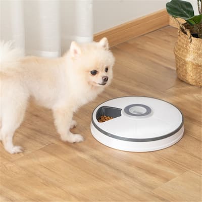 Cat Food Feeder Bowl with 6 Food Dispenser Trays and LED Display - 12" Dia x 2.75" H
