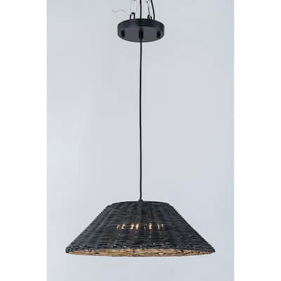 1-Light Black Rattan LED Chandelier Handwoven Straw Hat Pendant Light - 13.4"W x 5.2"H