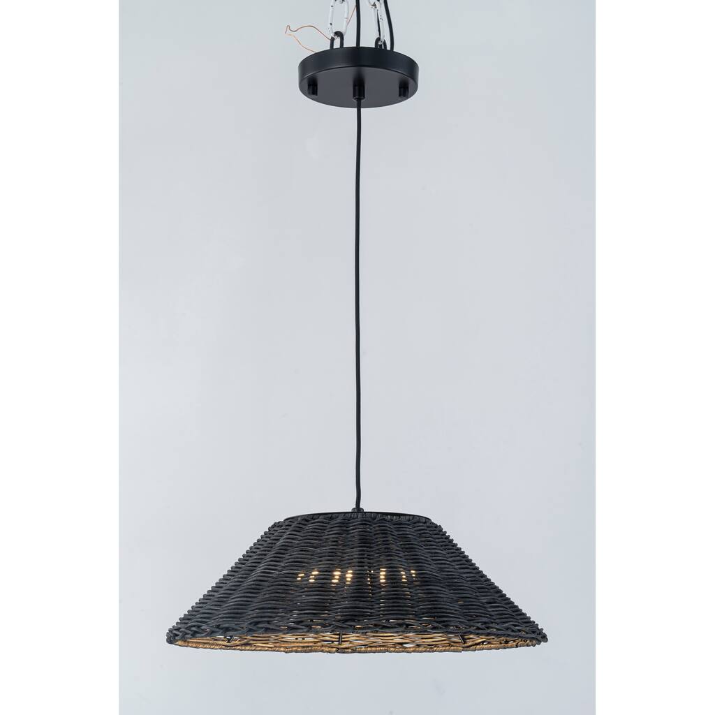 1-Light Black Rattan LED Chandelier Handwoven Straw Hat Pendant Light - 13.4"W x 5.2"H