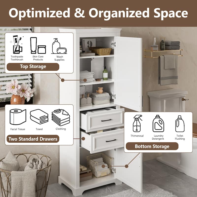 Bathroom Freestanding Storage Cabinet White Tall Cabinet with Adjustable Shelves, Black Handles and Anti-Tipping Design聽