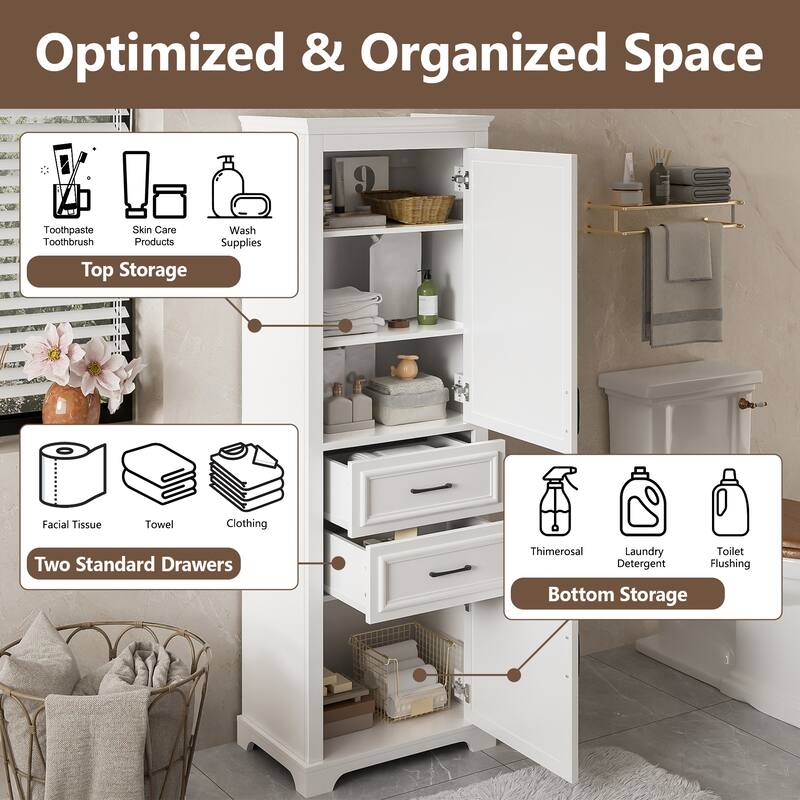 Roomfitters 71" Tall Freestanding Bathroom Cabinet with Damping-Hinge Doors, Drawers and Adjustable Shelves, White