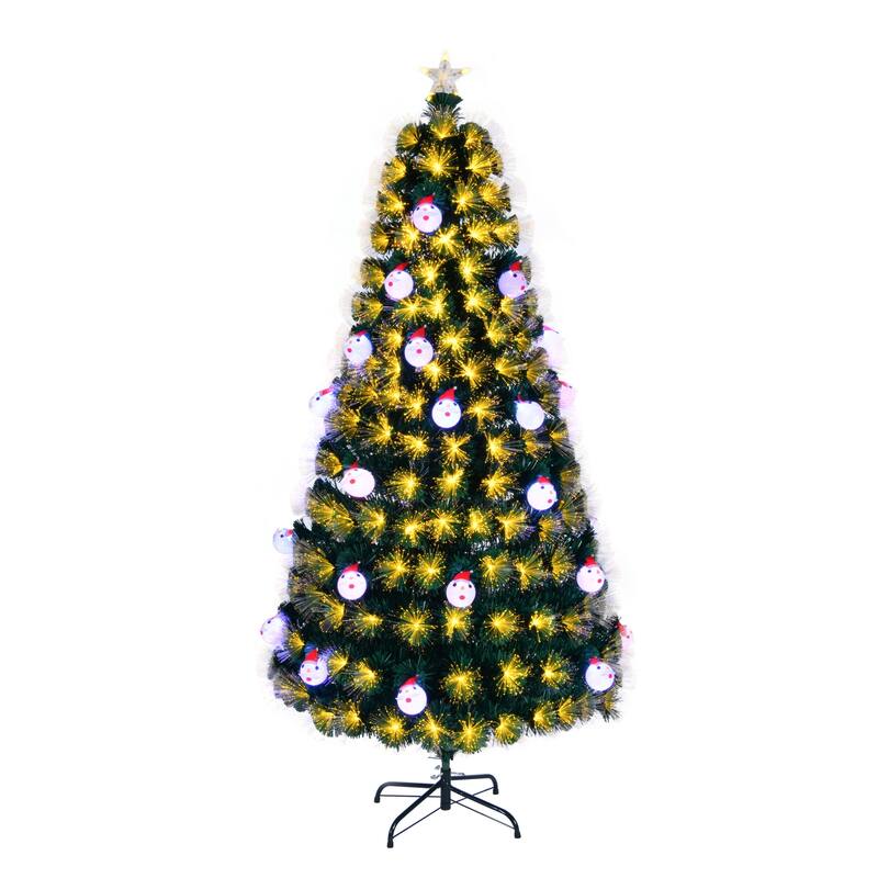 6 ft Pre Lit Fiber Optic Artificial Christmas Tree with Star Topper 8 Lighting Modes and Snowflake Ornaments - Green