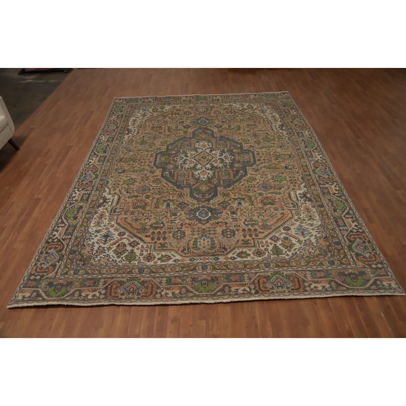 Hand Knotted Oriental 100% Wool Carpet Traditional Floral Peach Tabriz Area Rug - 11' 9'' X 8' 10''