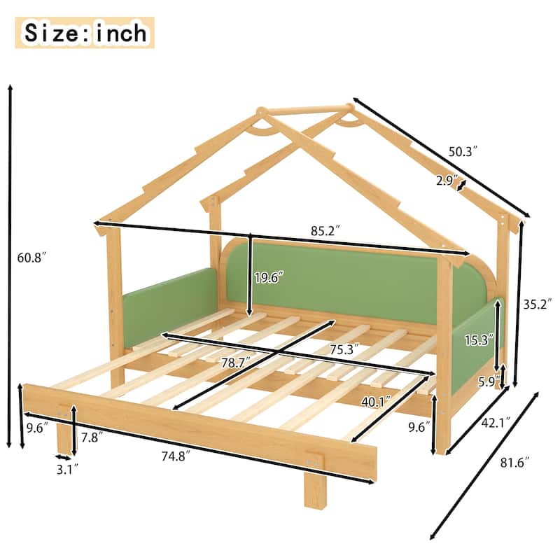 Children's Treehouse Bed Twin Size Solid Wood Kids Bed Frame Adjustable Platform Bed with Padded Safety Rails for Girls, Boys