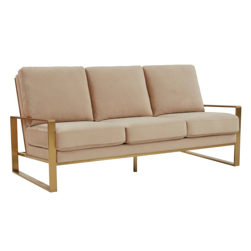 Jefferson Velvet Upholstered 3 Seater Sofa with Brushed Gold Stainless Steel Base and Removable Cushions - 77.1 - Beige