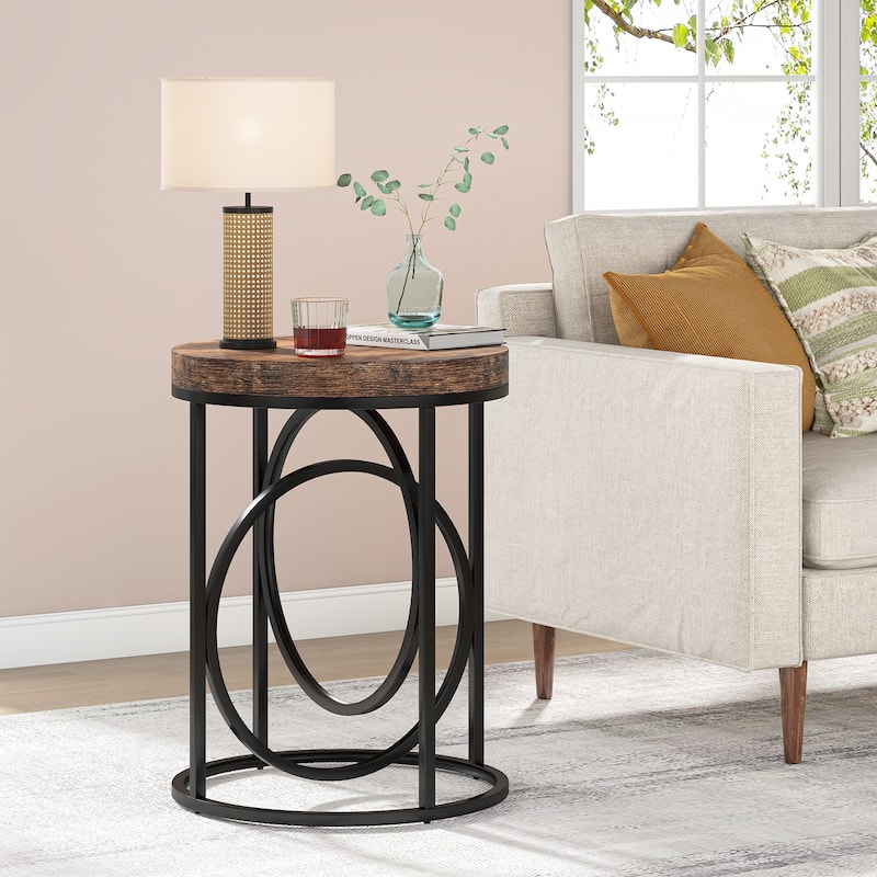 20 in. Marble White Round Wood End Table with Gold O-shaped Base - Rustic Brown