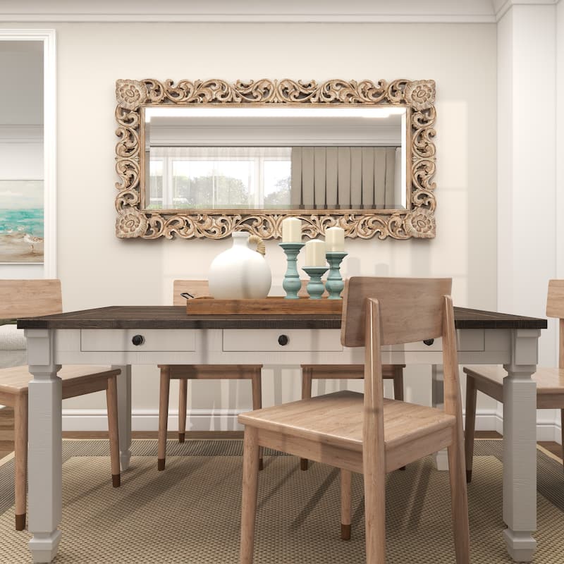 Light Brown Mango Wood Intricately Carved Floral Room Wall Mirror