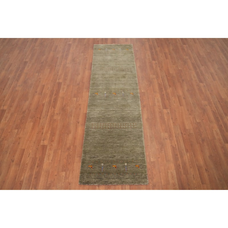 Hand Knotted Oriental 100% Wool Carpet Tribal Animal Pictorial Green Gabbeh Runner Rug - 7' 10'' X 2' 4''