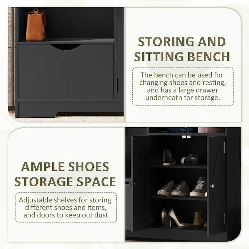 Anmytek Black 5 in 1 Hall Tree Entryway Storage Organizer with Shoe Bench Hooks Cabinet