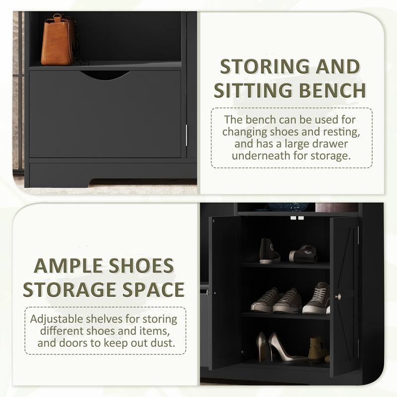Elegant Hall Tree Hallway Shoe Cabinet with Storage Bench, Shelves, Drawers, and Coat Rack for Entryway, Hallway Organizer