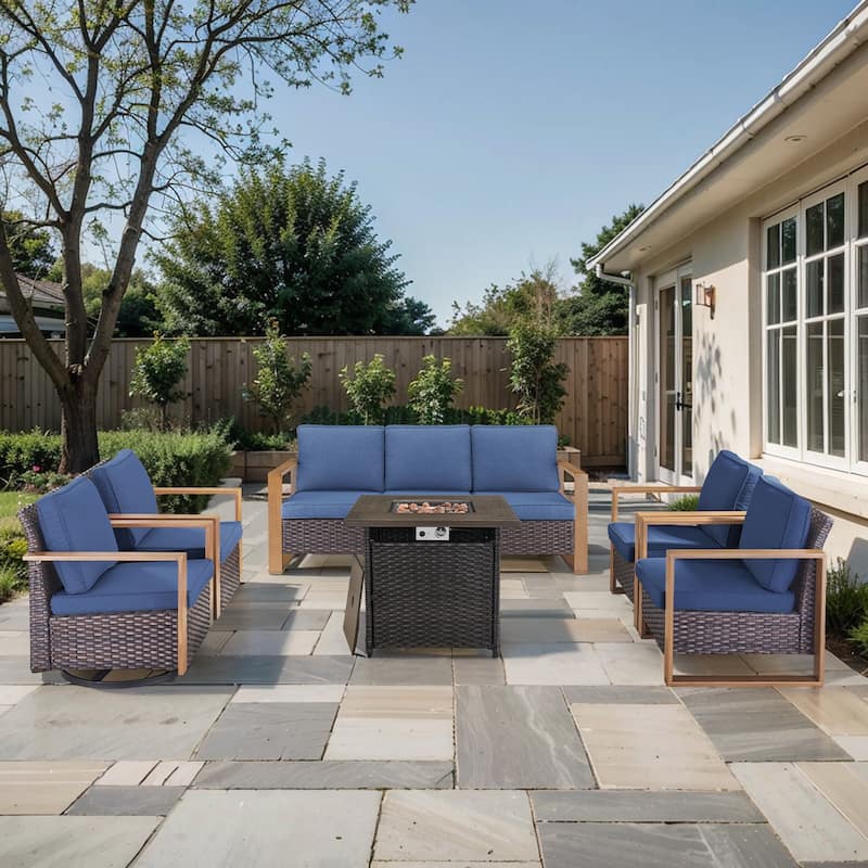 Pocassy Outdoor 30" Fire Pit Table with Sofa Swivel Chair Set - Brown Wicker Blue Cushion - 6-Piece Sofa Chair with Fire Table