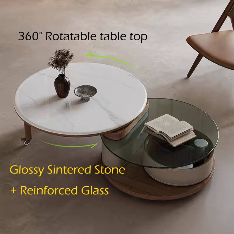 31.5" Modern Multifunctional Rotating Coffee Table, Faux Marble Glossy Table top, Saddle Leather Swivel Drawer