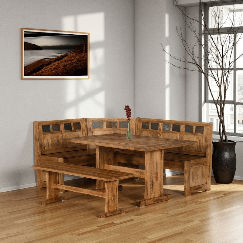 Marv 4pc Breakfast Dining Table Set, Corner Storage Bench Light Brown