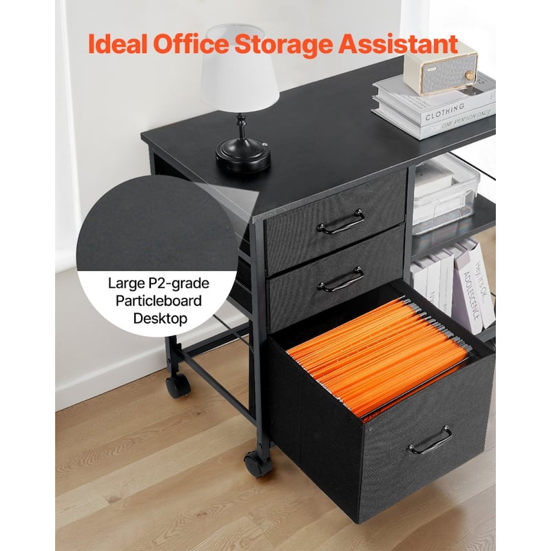 Iron and Wood 3 Drawer File Cabinet with Open Shelves and Casters