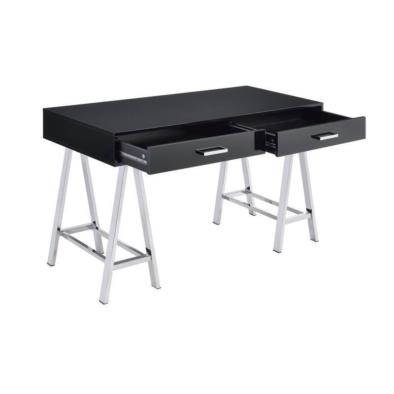 Desk with High Gloss Finish & Chrome Legs, Contemporary Writing Table with Drawers Bed Bath