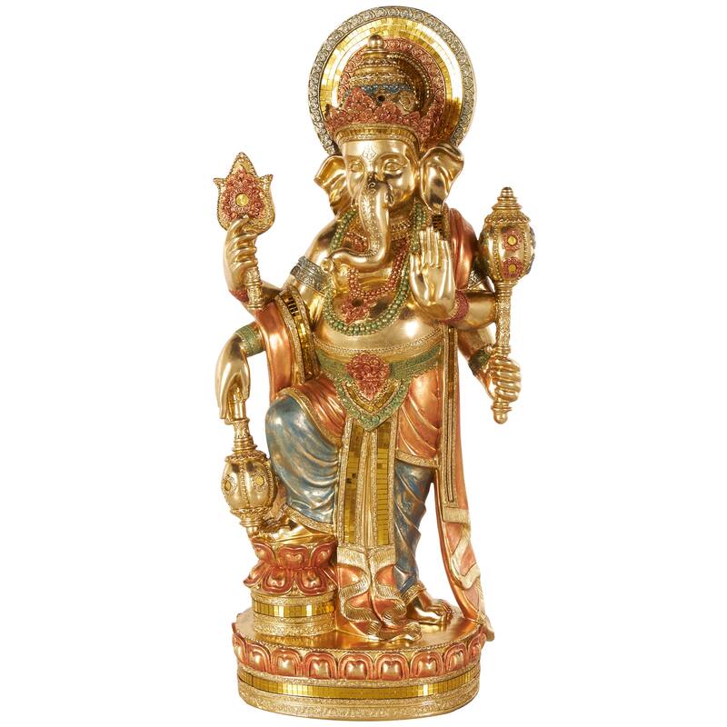 Gold Resin Ganesh Decorative Sculpture with Green, Blue, and Red Accents