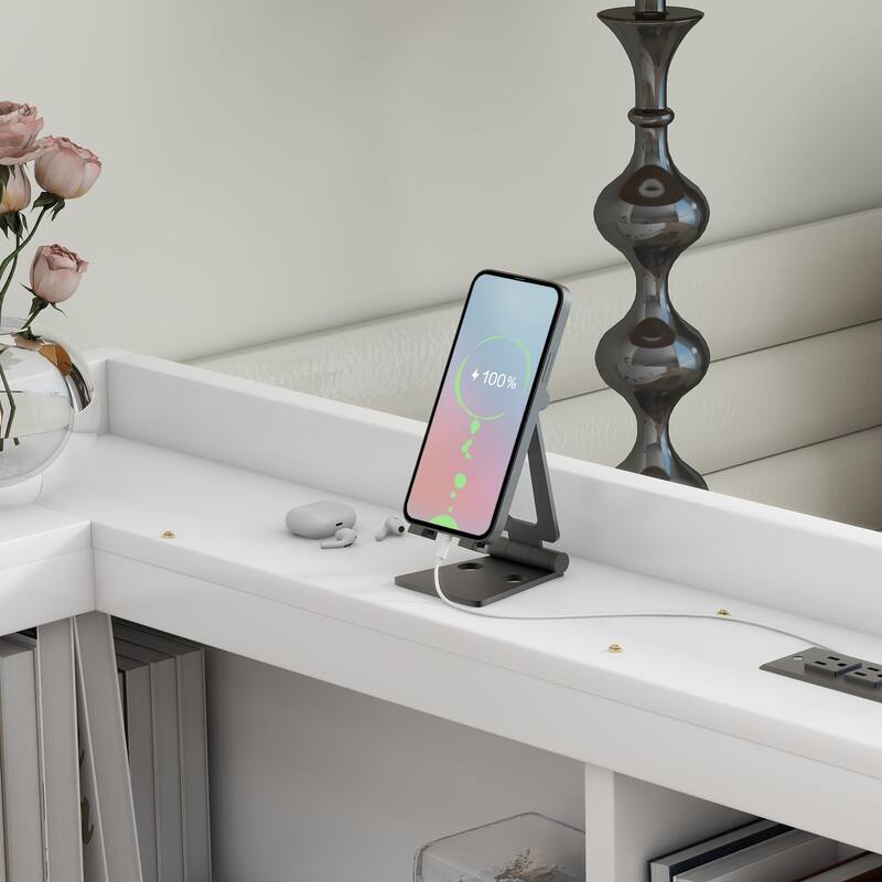 Twin Size L-shaped Bookcases Bed with Power Outlets, USB Charging Ports, Two Drawers