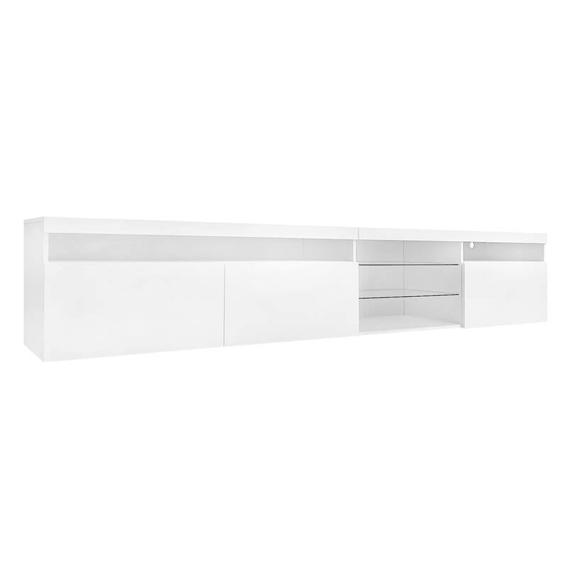 Modern TV Stand with 2 Glass Shelves, LED Lights, Ample Storage, Fits TVs Up to 105"