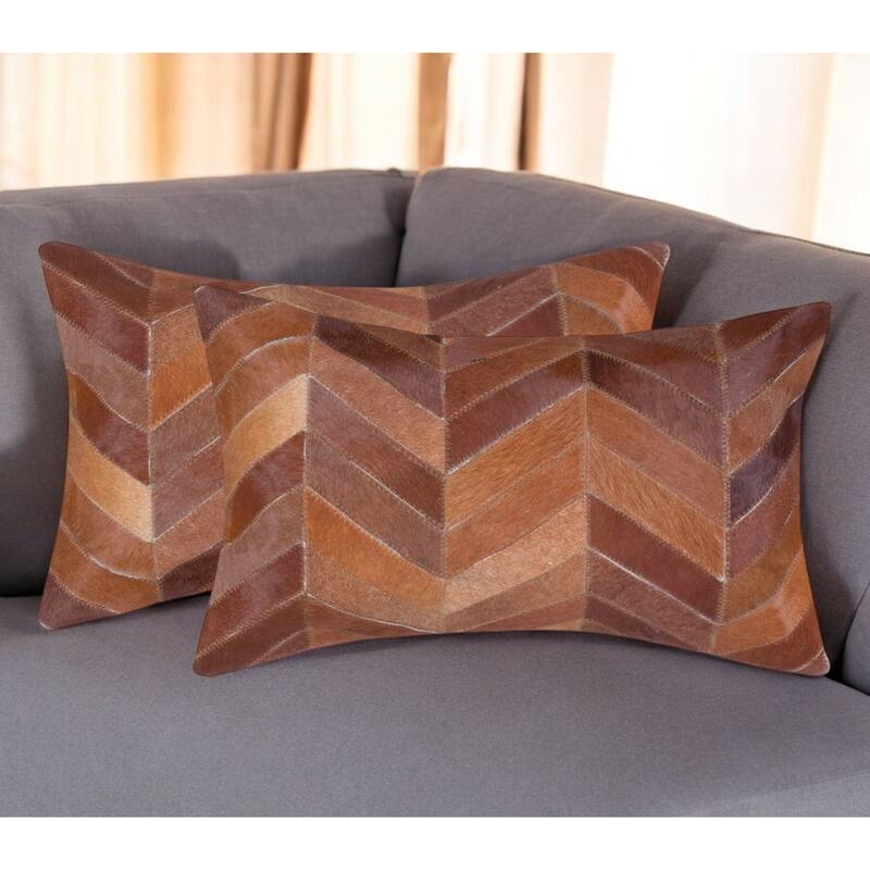Set of Two 12" X 20" Tan Chevron Cowhide Lumbar Throw Pillows - Set of 2 - Specialty