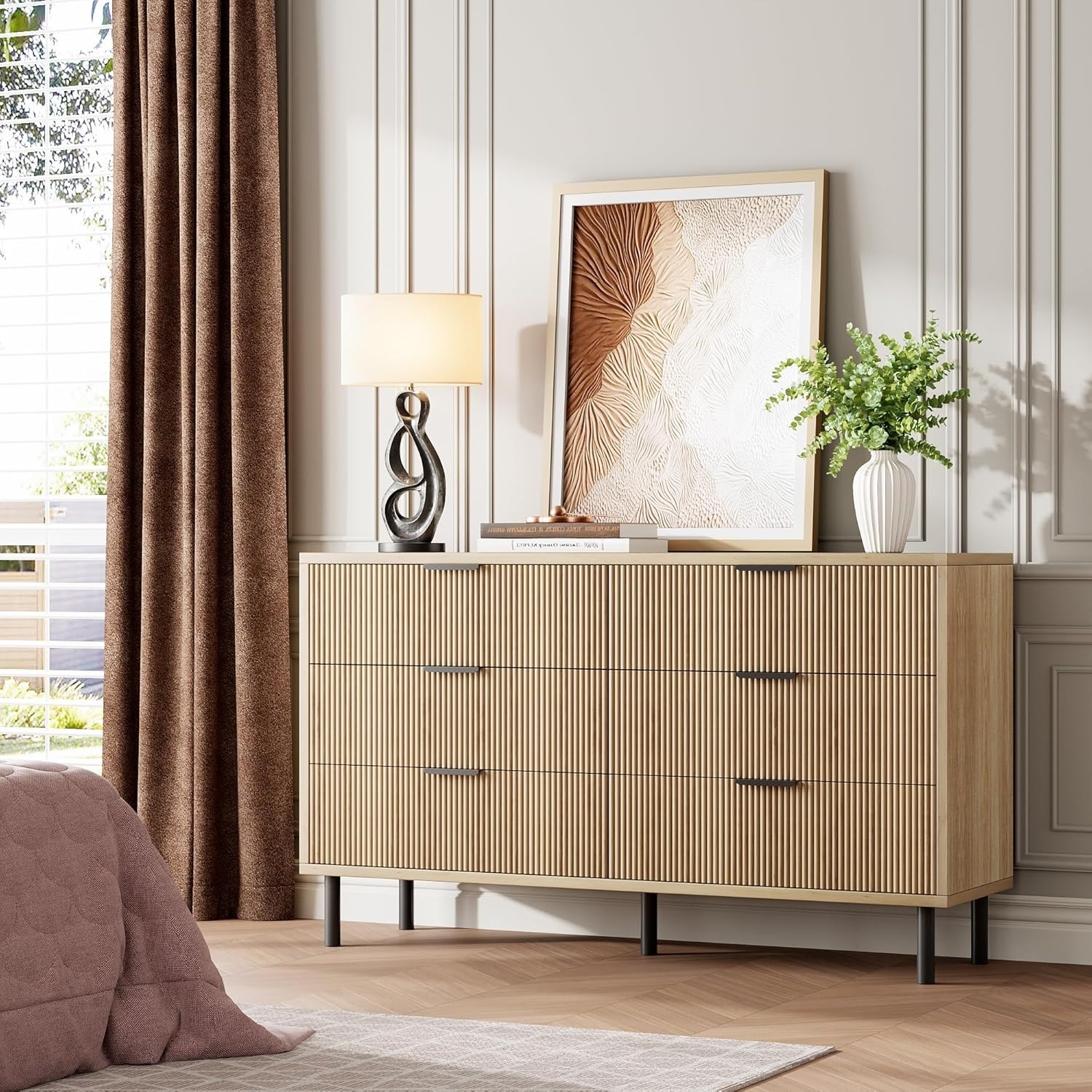 Wave Fluted Wide Wood Double Dresser with Metal Legs & Handles, Modern Chest with Anti-Tipping