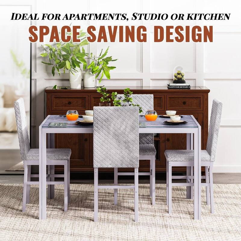 Grondin Modern Style 5-Piece Dining Room Table Set with Tempered Glass Tabletop and 4 Diamond Stitching PU Leather Dining Chairs