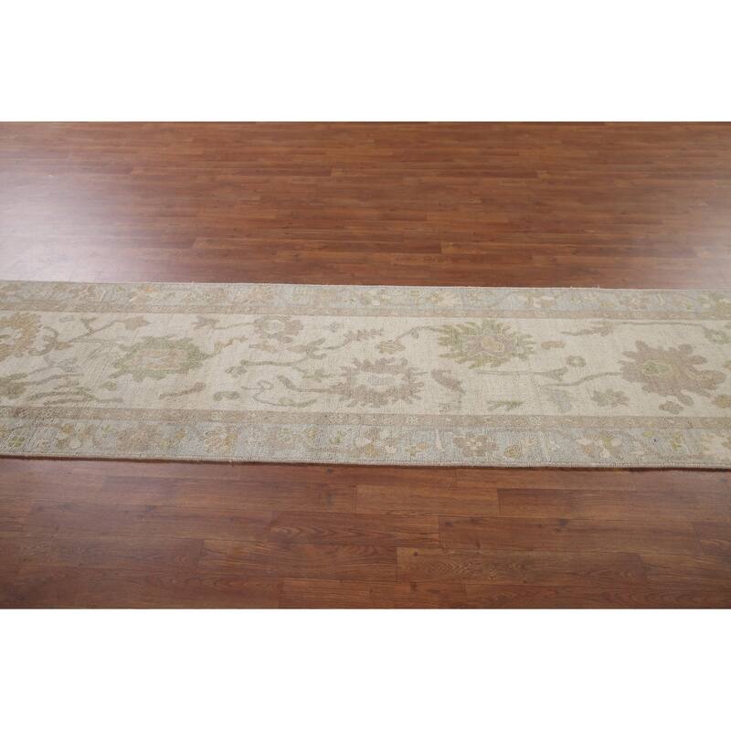 Hand Knotted Oriental 100% Wool Carpet Transitional All-Over Beige & Ivories Oushak Runner Rug - 11' 7'' X 2' 7''