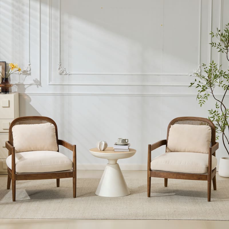 [Set Of 2] 26.6" Accent Chair With Walnut Finish Solid Wood Frame And Rattan Backrest,Comfy Armchairs