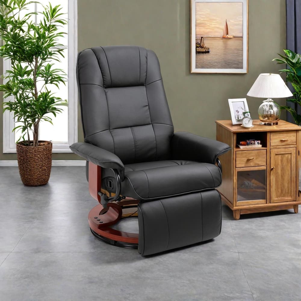 Faux Leather Manual Swivel Recliner Chair with Footrest, Armrest and Wrapped Wood Base