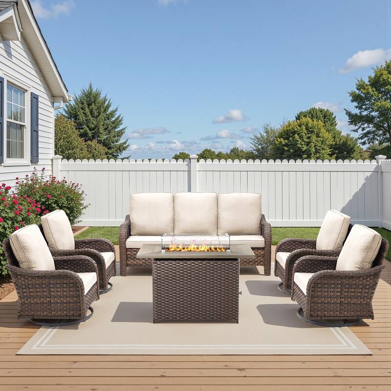 Pocassy Patio Sofa Swivel Chairs with Fire Table Funiture Set - Beige Cushion - Brown Wicker - 6-Piece Sofa Swivel Chair with Fire Pit Table