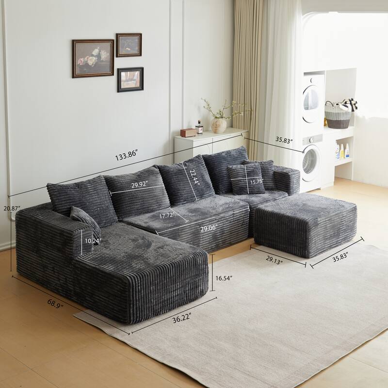 Corduroy Modular Sectional Sofa with Ottoman, U Shaped Upholstered Couch