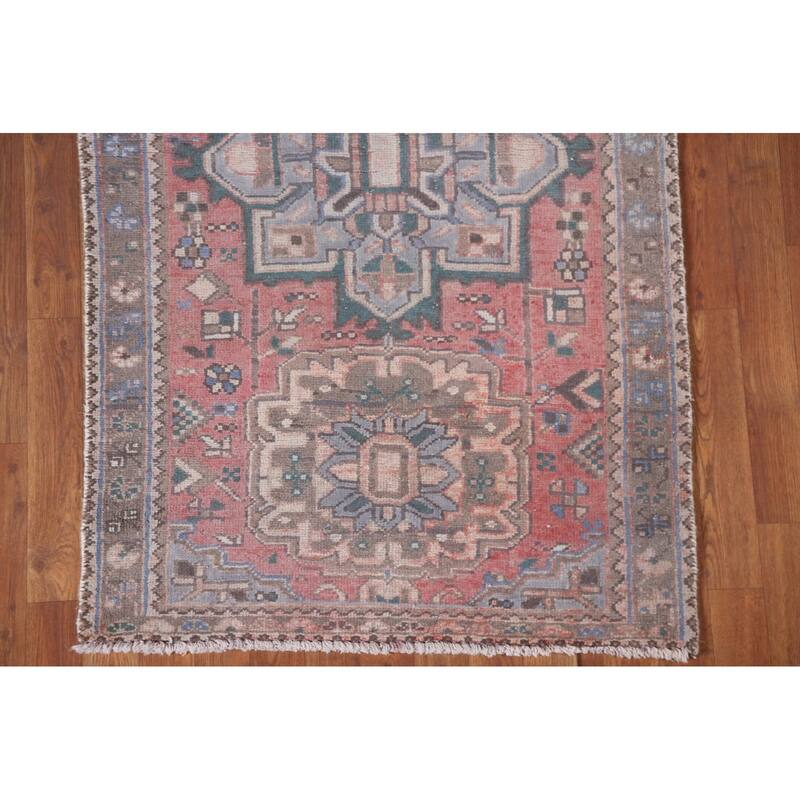 Hand Knotted Oriental 100% Wool Carpet Traditional Geometric Pink Hamedan Runner Rug - 10' 10'' X 3' 2''