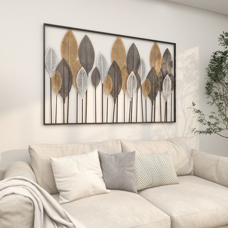 Contemporary Metal Tall Cut-Out Leaf Wall Decor with Intricate Laser Cut Designs - Bronze, Gray, Brass