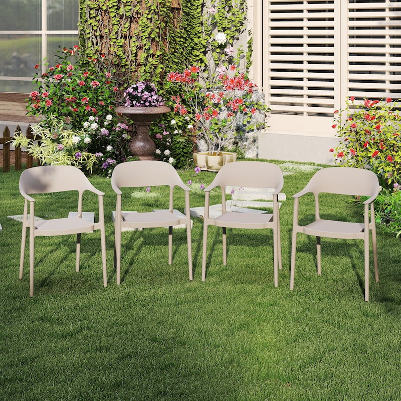 Outdoor Stackable Plastic Chairs Dining Chair Set 4-Piece Lightweight Curved Backrest Armchair - White