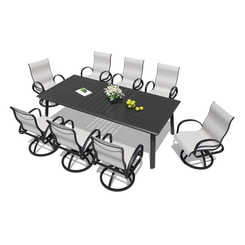 7/9PC Outdoor Patio Aluminum Dining Table with Sunbrella Swivel Dining Chairs Sunbrella Umbrella Hole
