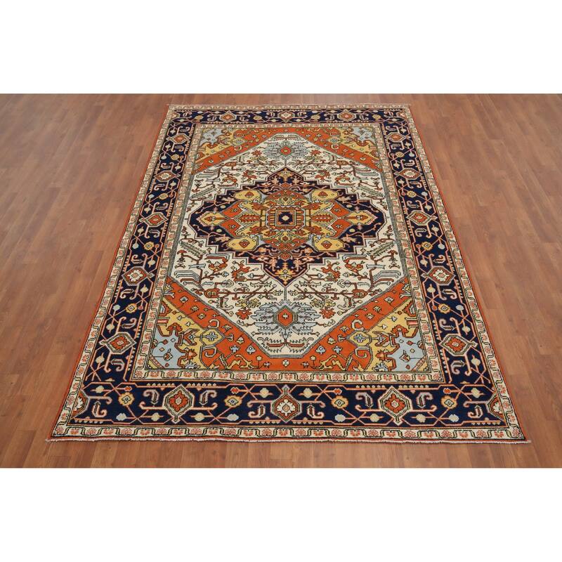 Hand Knotted Oriental 100% Wool Carpet Traditional Medallion Beige & Ivories Heriz (serapi) Area Rug - 8' 4'' X 6' 0''