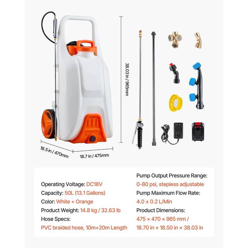 White and Orange 13.1 Gallon Electric Wheeled Sprayer with Adjustable Pressure and 30m Hose